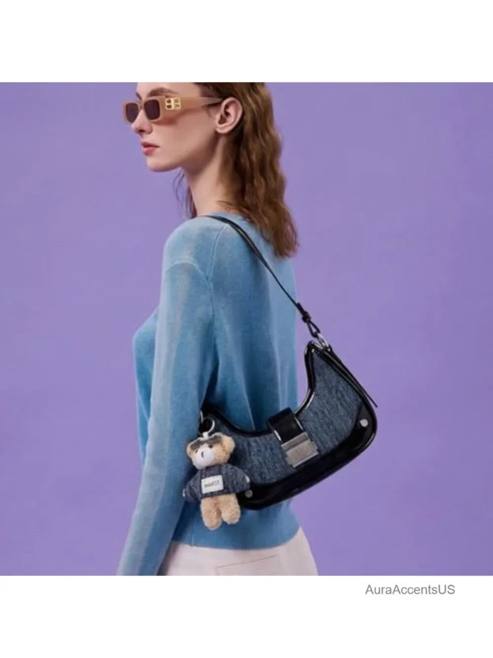 Denim & Leather Patchwork Shoulder Bag Vintage Satchel with Bear Charm